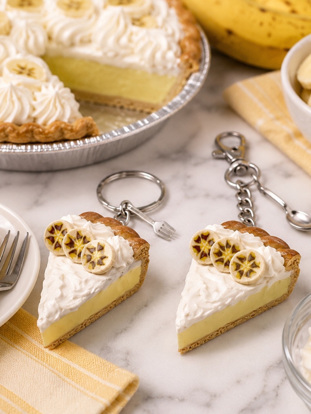 Banana Cream Pie Keychain or Bag Clip – Handmade Dessert Accessory with Spoon